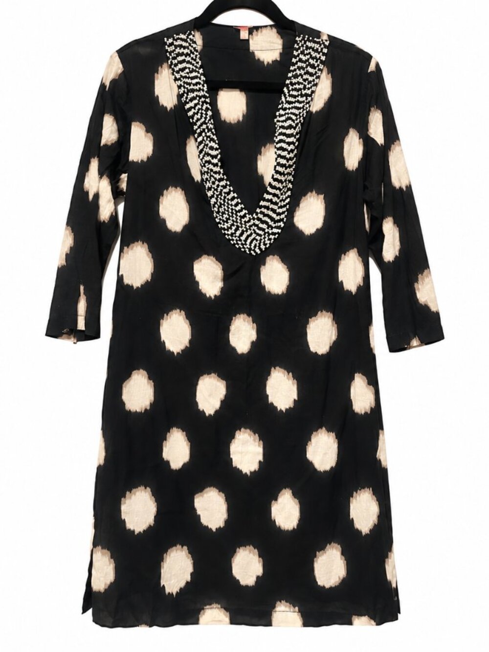 Echo Black Ivory Beaded Cotton Tunic Swim Cover Up Dress S